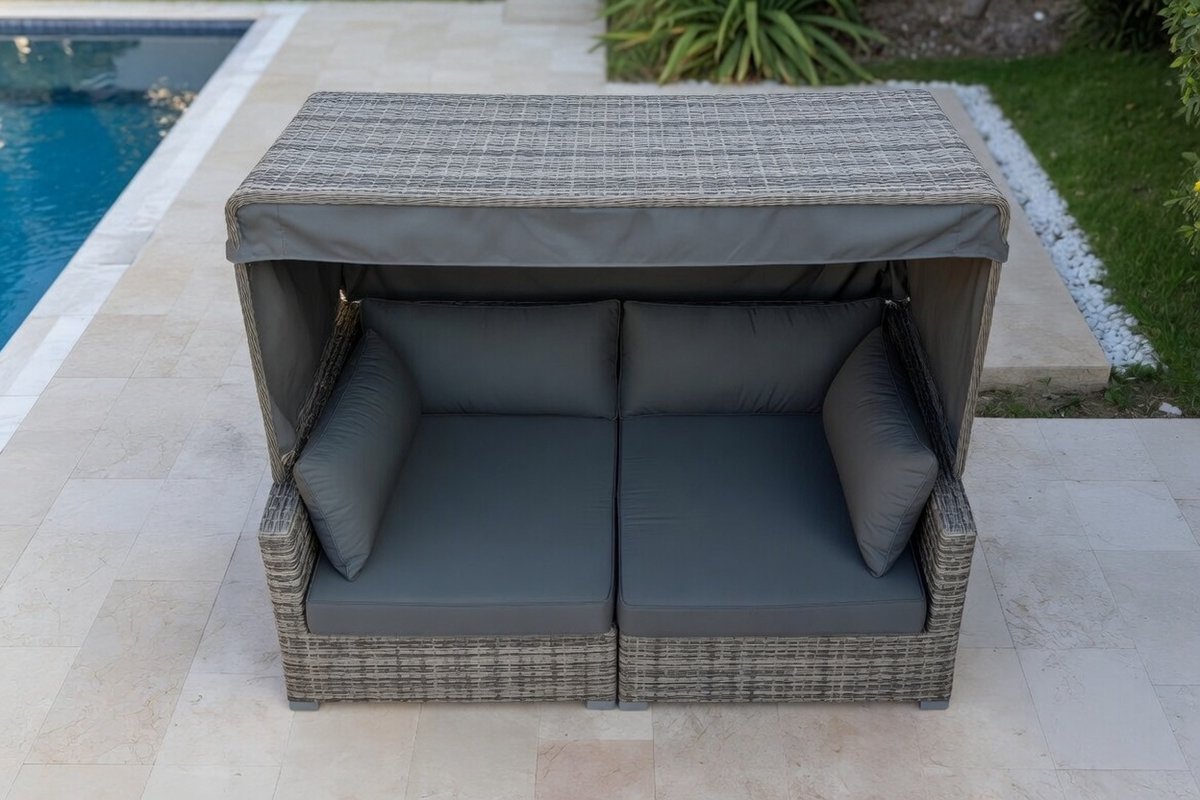 Luxe Zonne-eiland Tuinbed met Dak & Tafel – 2 Persoons Ligbed van Polyrotan – Verstelbaar Daybed met Waterdichte Kussens – UV-Bestendig Loungemeubel voor Tuin, Terras & Balkon – GrijsIndustroHome