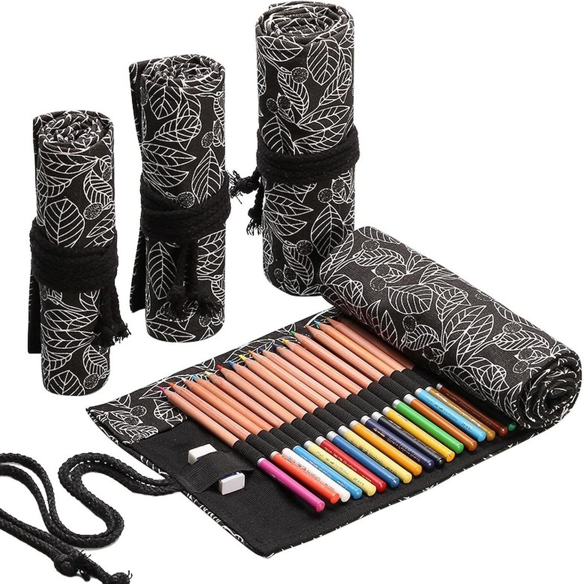 Canvas Etui - Potlodenhouder Rol - Kunstenaarsbenodigdheden Opbergen - 48 Vakken - 20x58cm - Zwart