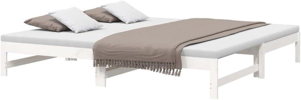 Slaapbank Uitschuifbaar - Bed Bank Houten - Woonkamer Logeerbed - Massief Grenenhout - 205.5 x 198 cm - Wit
