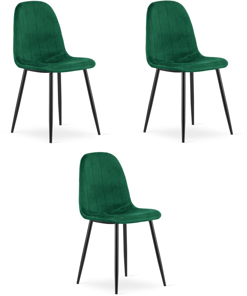 Set van 3 eetkamerstoelen PADVA - Groen fluweel – Zwarte metalen poten – Modern design