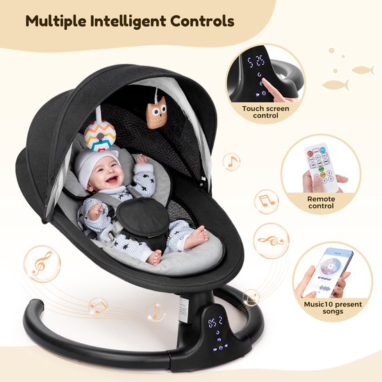 Elektrische Babyschommel voor Peuters - Bluetooth Muziek Wipstoel met 5 Schommelstanden, 3 Timerinstellingen, Afneembaar Kussen, Zwart — afbeelding 4