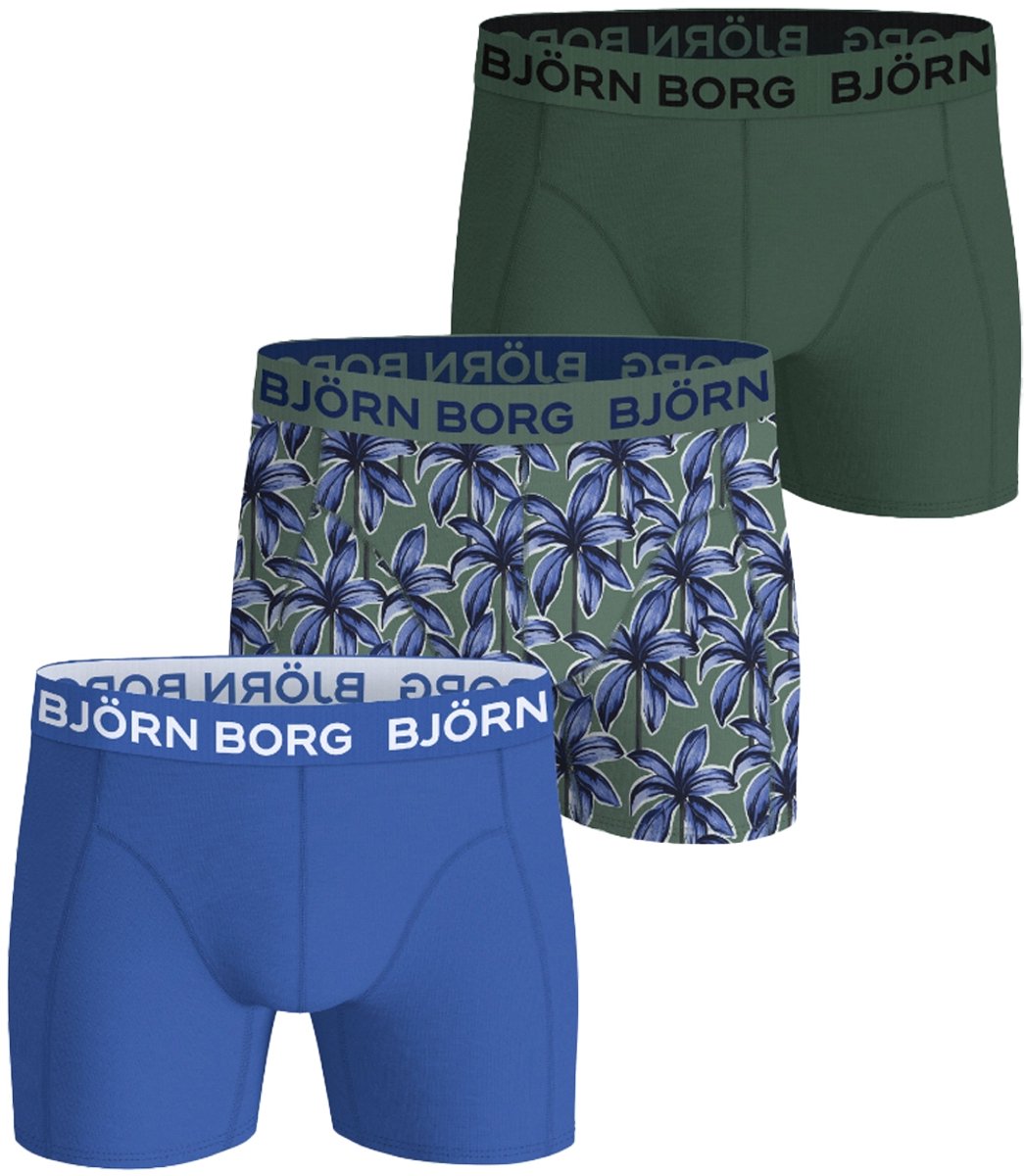Björn Borg Cotton Stretch boxers - heren boxers normale lengte (3-pack) - groen - print - blauw