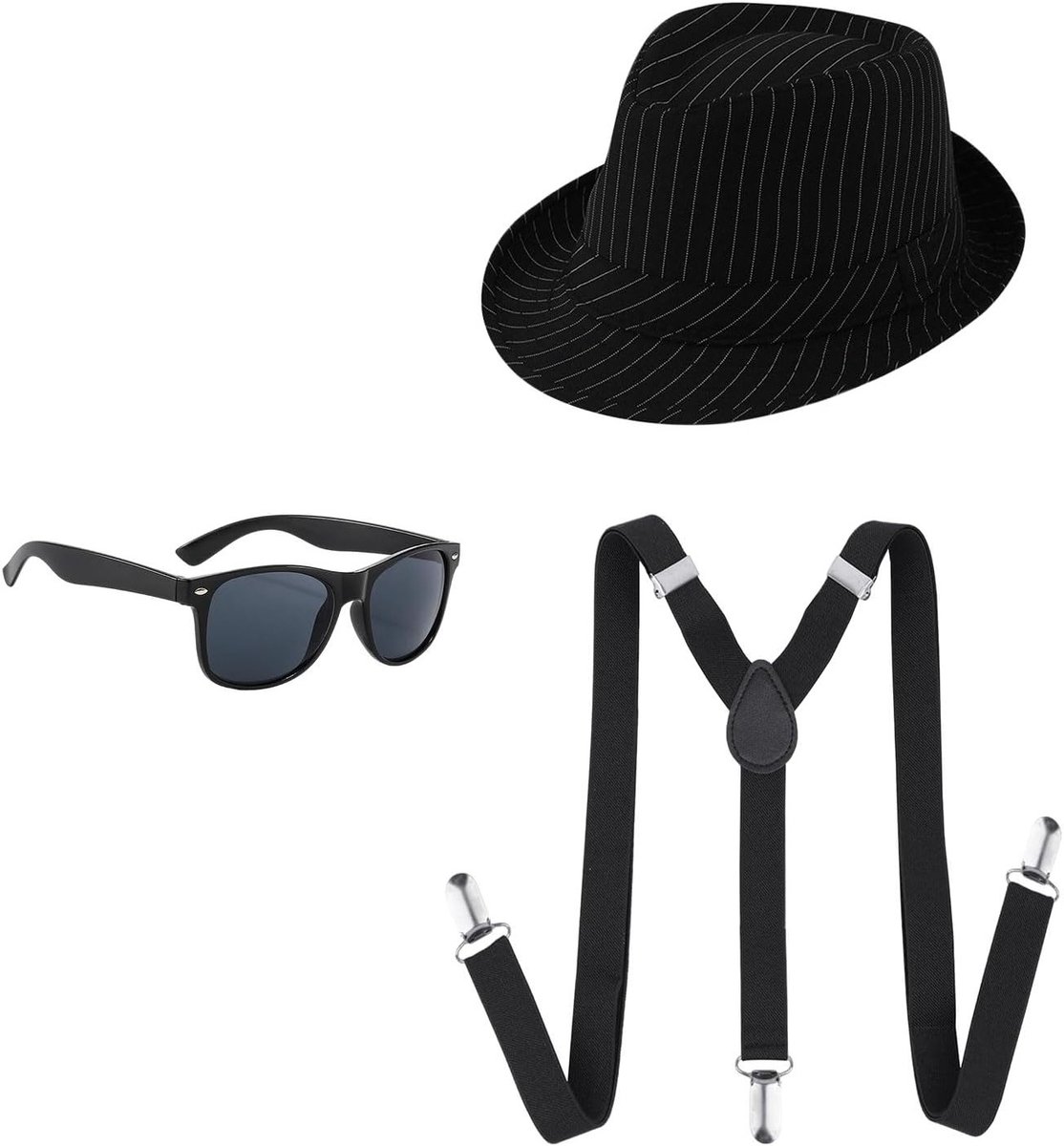 Gangster kostuum voor volwassenen met 3 delen, inclusief zwarte pinstripe hoed, bretels en zonnebril voor 1920s themafeest en maffia kostuum