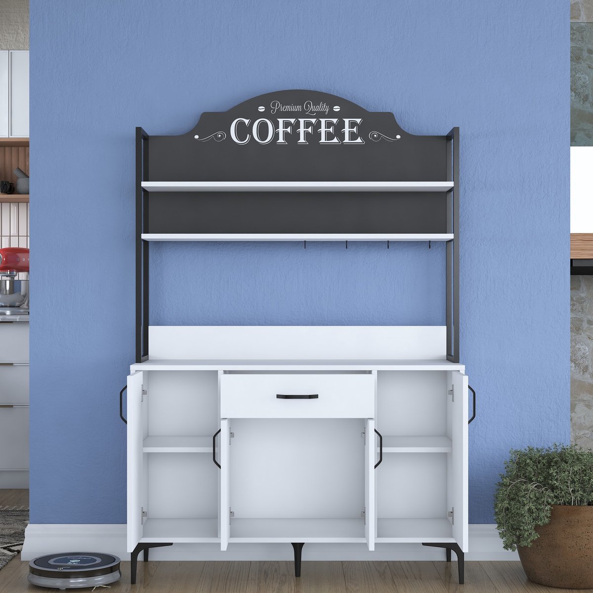 Multifunctionele Kast JE130 - 100% Melamine - Wit - Emob - Keuken Voorraadkast - Wit; Zwart - Melamine; Spaanplaat