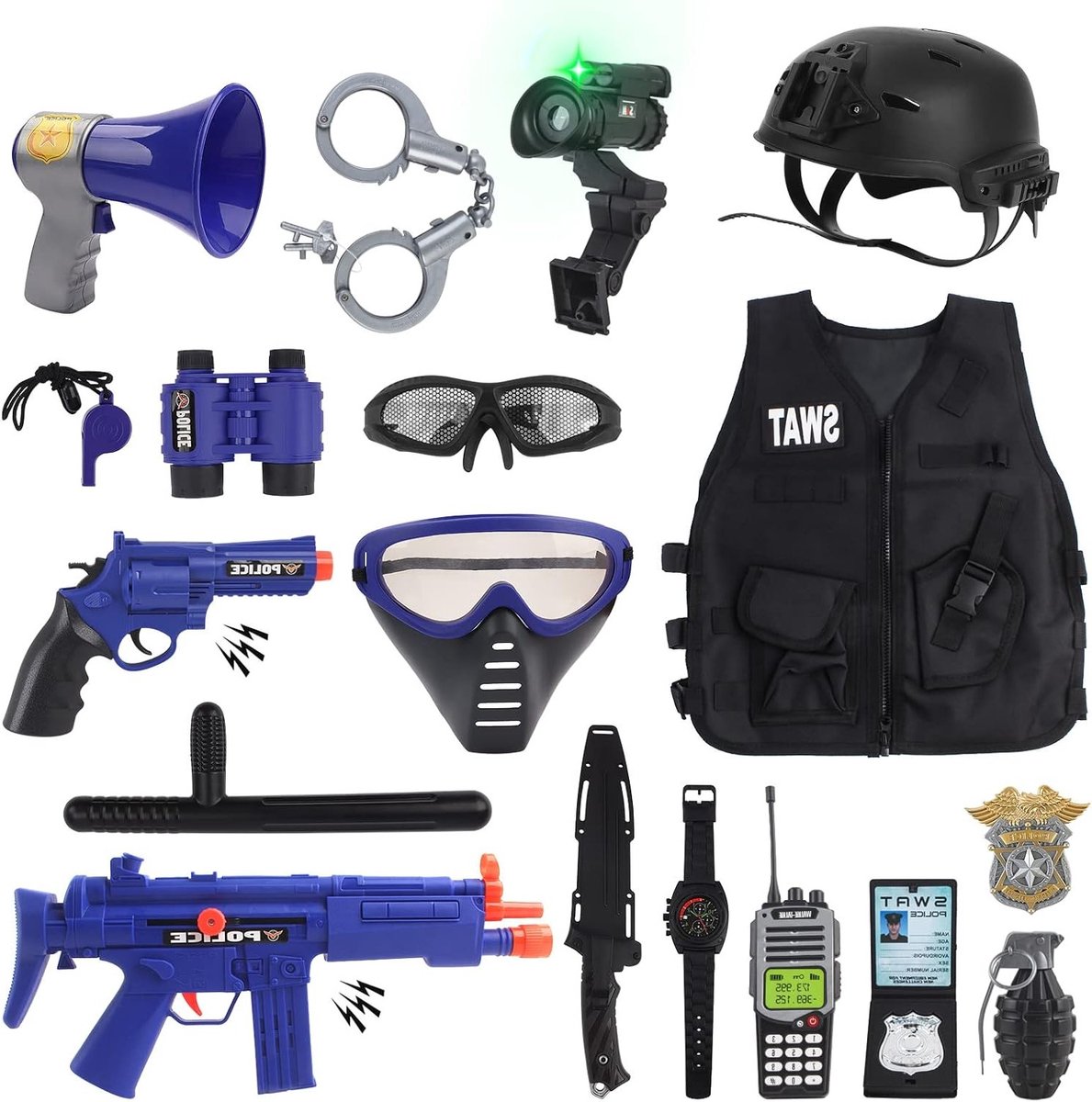 Politie Rollenspel Set voor Kinderen met Vest, Helm, Speelgoed Granaat, Handboeien en Walkie Talkie voor Carnaval en Halloween