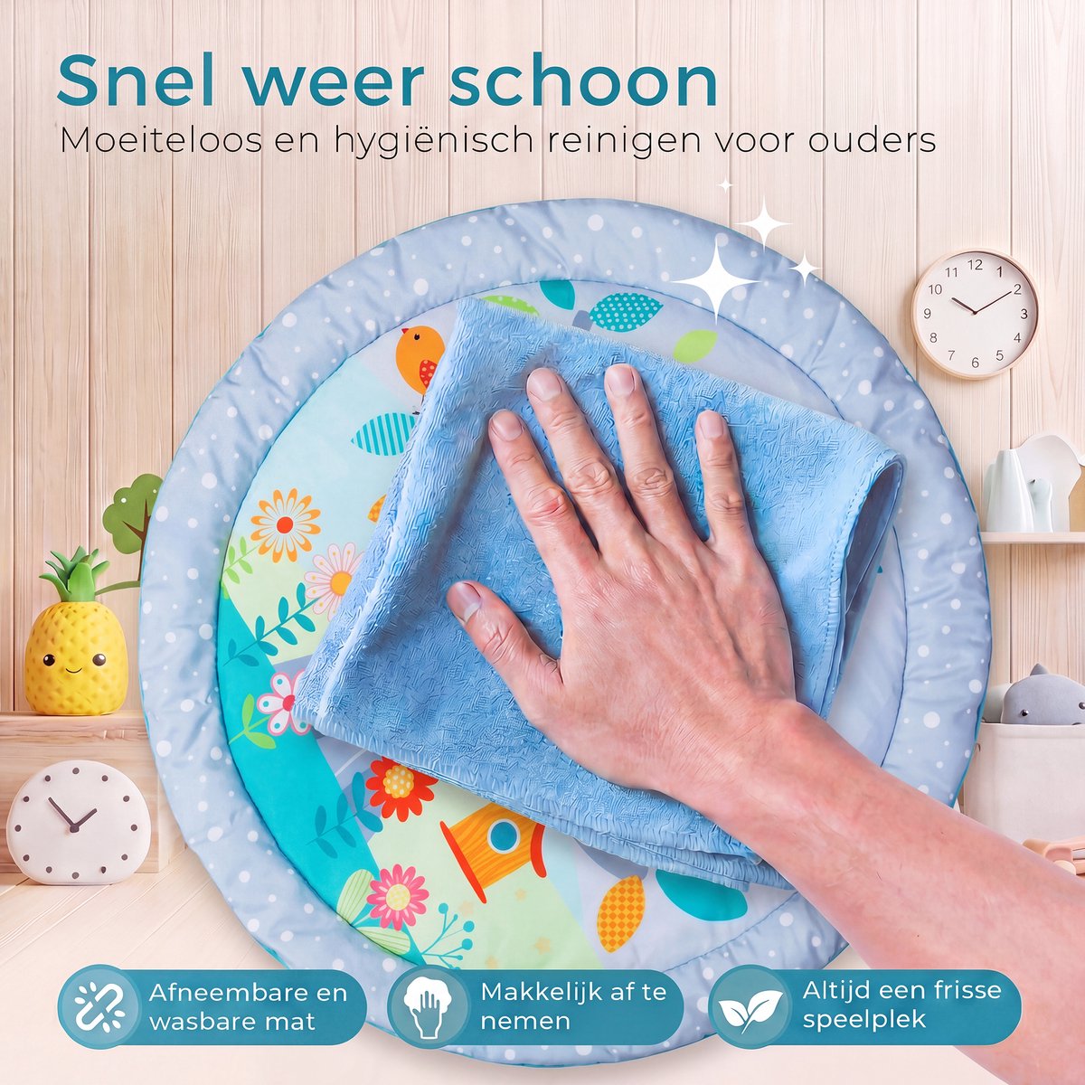 Babygym met boog - Speelmat - Baby speelgoed - Babyshower - Boxkleed - Speelkleed - Speelmat baby - 5 Speeltjes - Inclusief Rammelaar - Met speelboog - Blauw — afbeelding 7