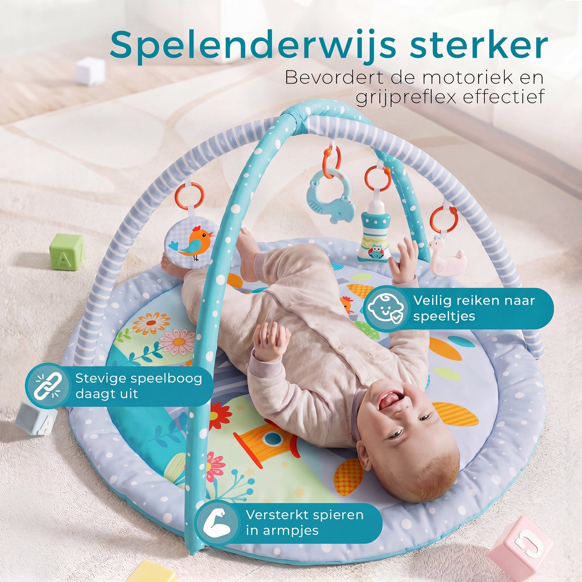 Babygym met boog - Speelmat - Baby speelgoed - Babyshower - Boxkleed - Speelkleed - Speelmat baby - 5 Speeltjes - Inclusief Rammelaar - Met speelboog - Blauw — afbeelding 8