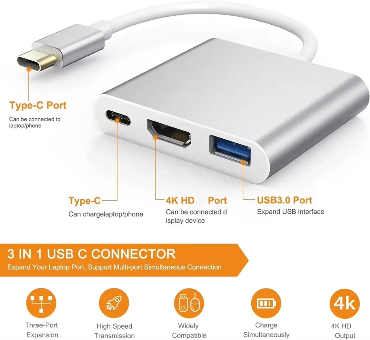 3-in-1 USB-C hub-adapter, Type-C naar USB HDMI 4K HDTV PD-kabel.