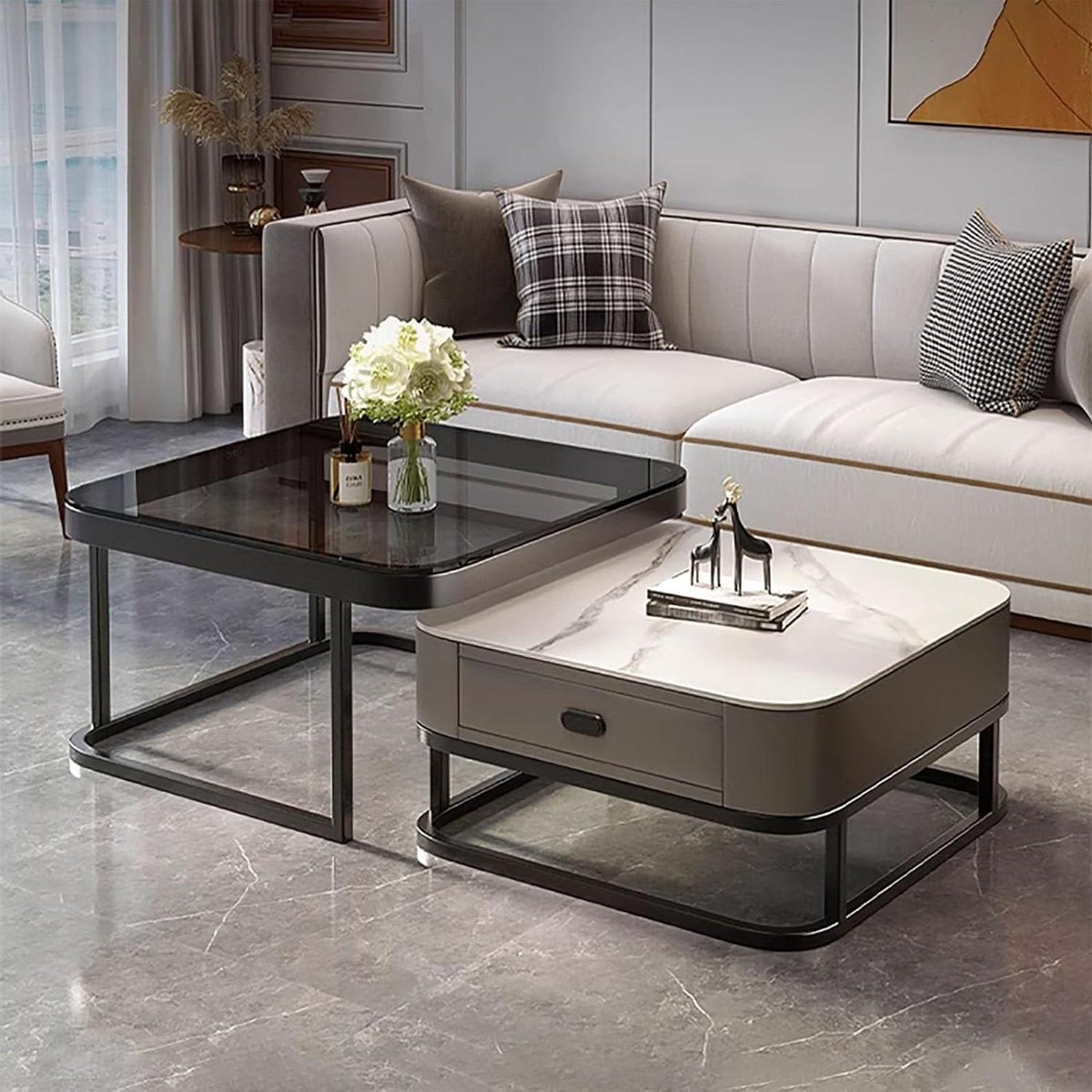 Vierkante salontafels - Set van 2 - Woonkamer Inrichting - Flexibele Plaatsing - 70x70x45cm - Goud