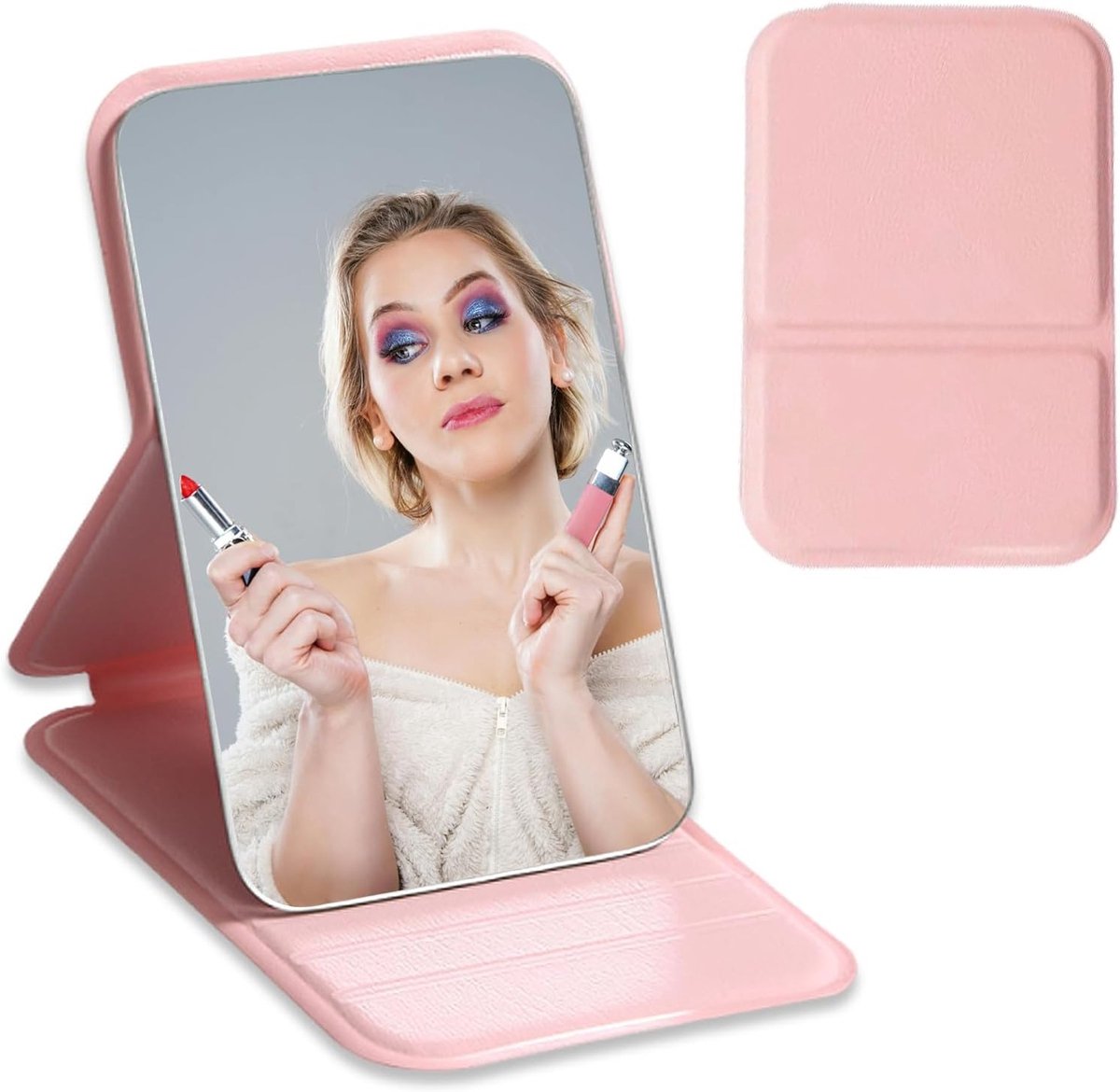 Draagbare Spiegel met PU Leren Tas, Handig voor Op Reis, Compact en Lichtgewicht, Roze