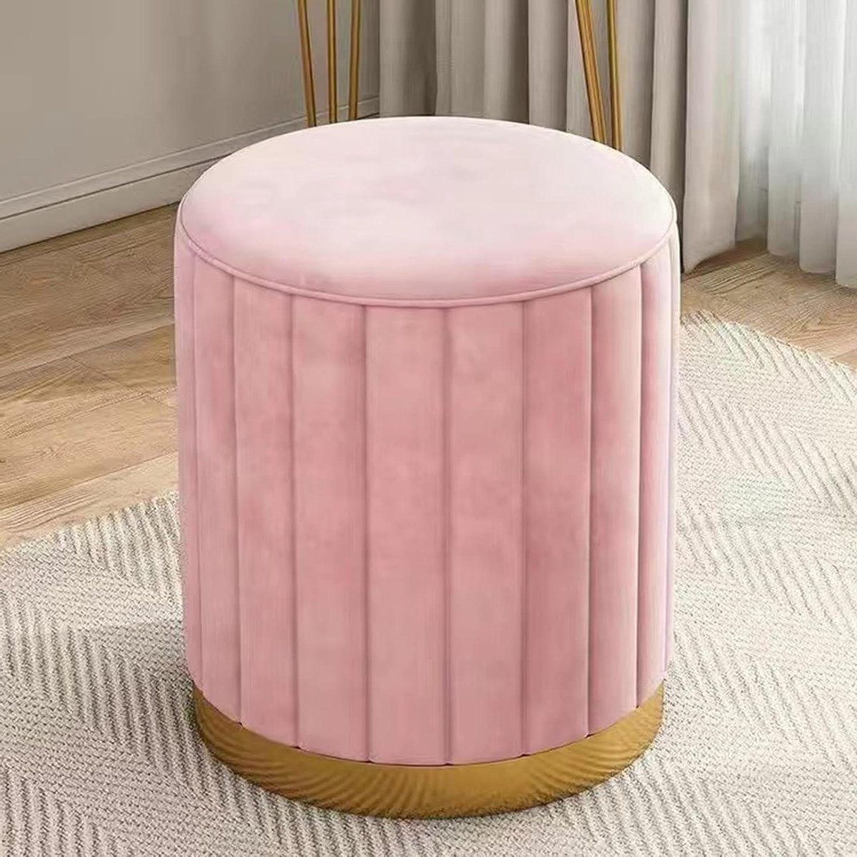 Fluwelen Poef - Voetenbank Kruk - Make-up Zitten - Vergulde Basis - 33 x 42 cm - Roze
