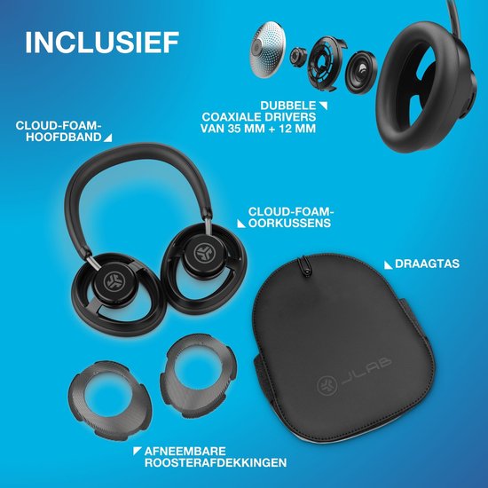 Zwarte JLab koptelefoon, Cloud-Foam hoofdband, oorkussens, draagtas en afneembare roosteraccessoires.