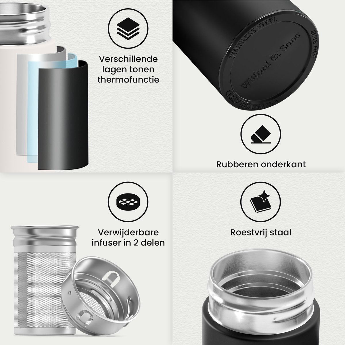 Wilford Thermosfles 450ml - Thee & Fruitinfuser, RVS Lekvrij thumbnail 3