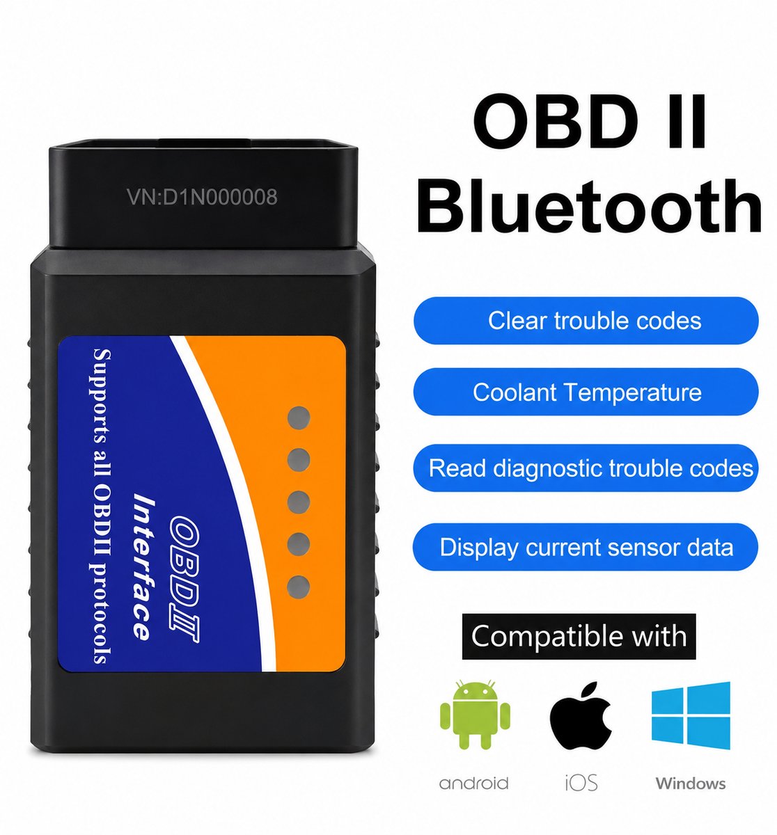 OBD2 Scanner | ELM327 V1.5 | OBD2 Bluetooth | Diagnose Apparaat Auto | OBD | Auto Uitlezen & Storing Verwijderen | Live Data | Plug & Play | iOS, Android & Windows