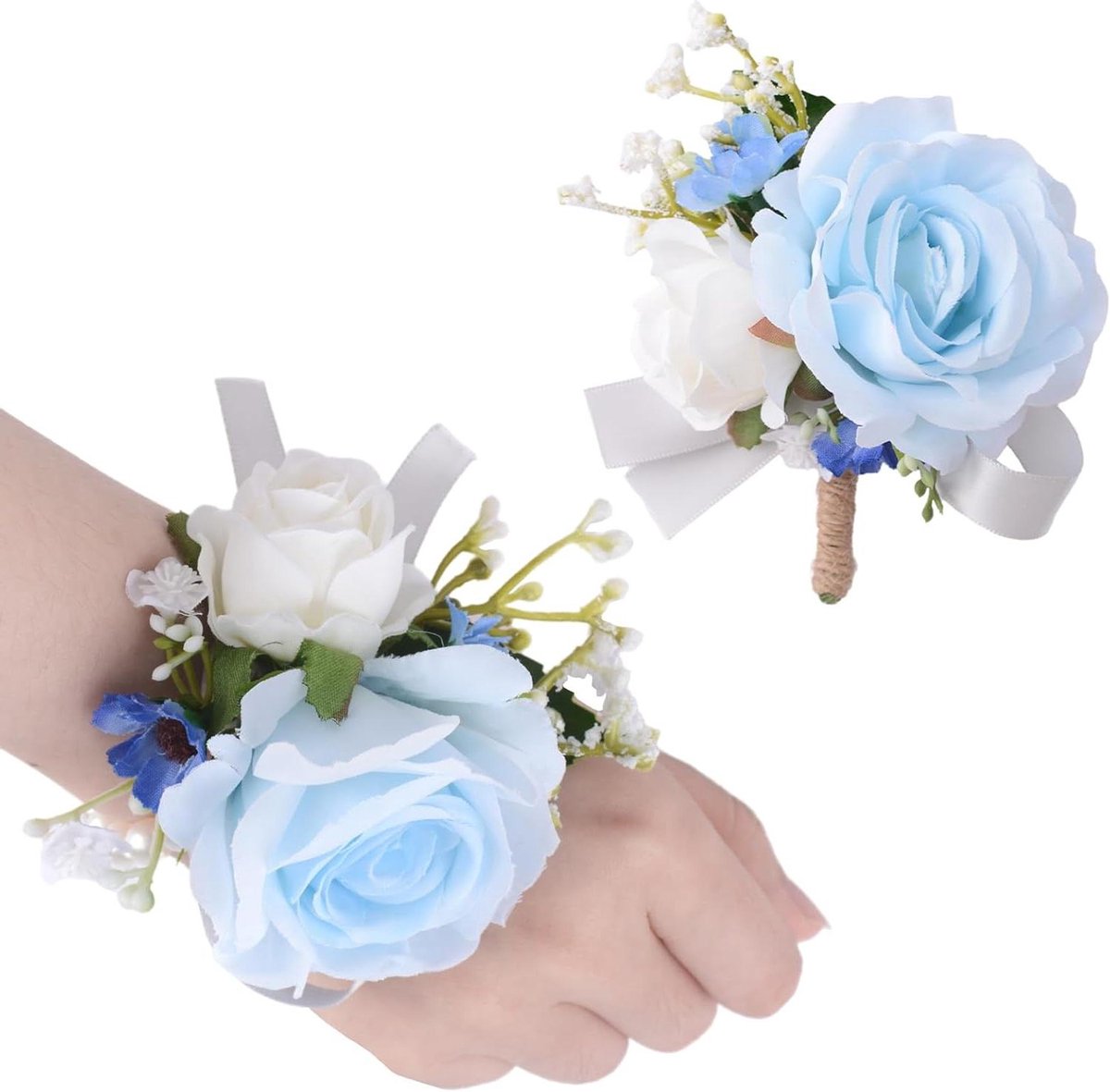 Polsbloem Corsage Set - Bruiloft Accessoires - Feestelijke Gelegenheid - Kunstbloemen met Parels - 2 Stuks - Lichtblauw