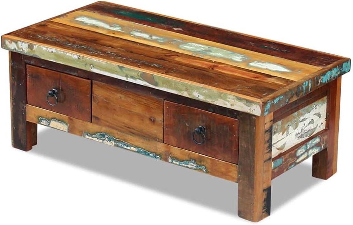 Salontafel Laden - Bijzettafel Tafel - Opbergen Woonkamer - Gerecycled Massief Hout - 90x45x35cm - Veelkleurig