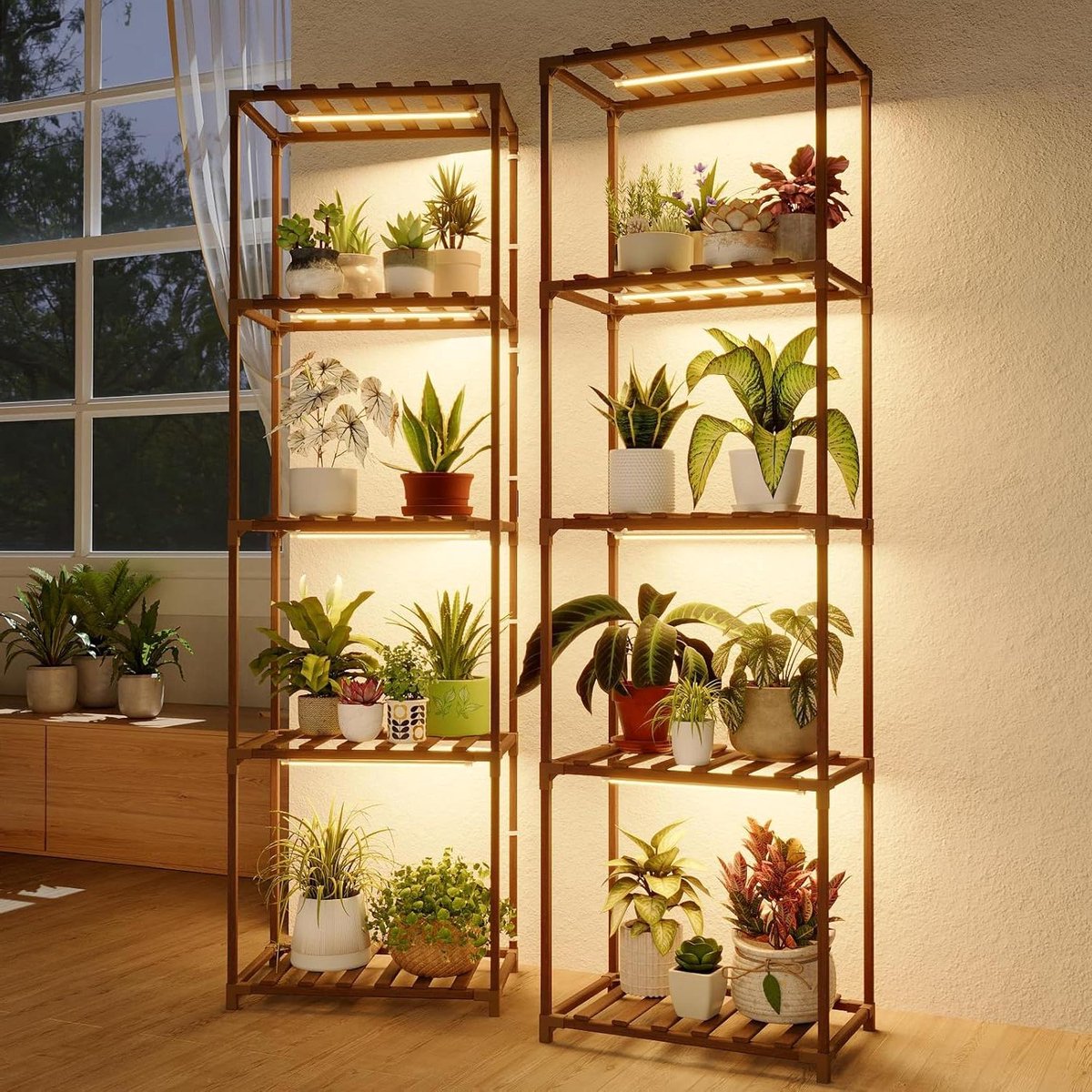 Plantenstandaards met lampen - Plantenrekken set - Planten verzorgen - Drie lichtmodi - Set van 2 - Bruin