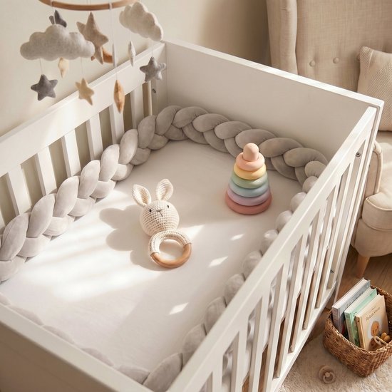 Honeybears Gevlochten Baby bedomrander – Boxomrander baby – Bedslang - Bedbumper - Hoofdbeschermer - Parkomrander - Bedrand - Bed bumper ledikant – 3 meter – Grijs