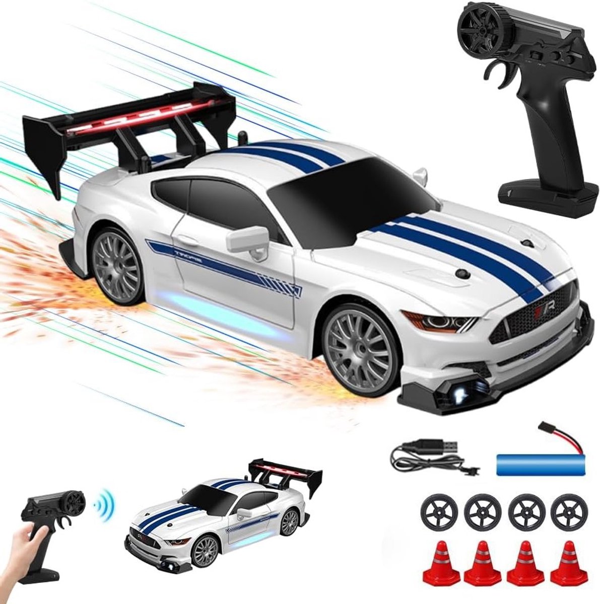 RC Auto 1:24, 2.4GHz, 4WD Driftwagen met LED Verlichting, Afstandsbediening voor Kinderen en Jongeren, Wit