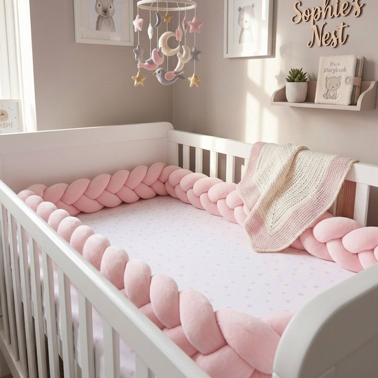 Honeybears Gevlochten Baby bedomrander – Boxomrander baby – Bedslang - Bedbumper - Hoofdbeschermer - Parkomrander - Bedrand - Bed bumper ledikant – 3 meter – Rose