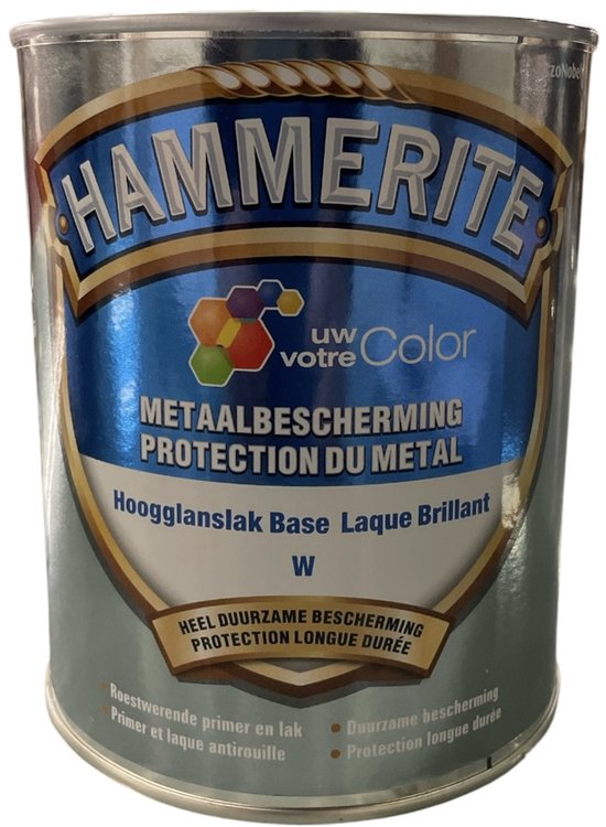 Blik Hammerite metaallak, hoogglans, 'uw Color', 'Metaalbescherming Protection du Metal', 'Hoogglanslak Base Laque Brillant W', wit.