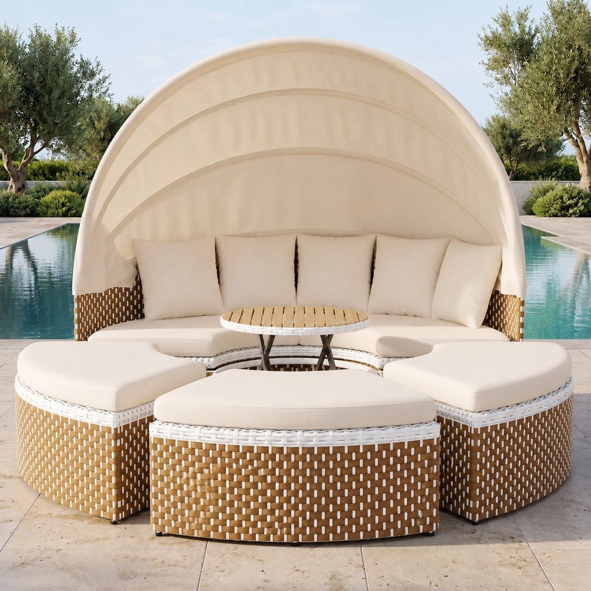 Luxe Rotan Zonne-eiland Tuinlounge 2–4 Persoons met Uitschuifbaar Luifel, Opklapbare Tafel en Dikke Kussens – Schelp Loungeset Rond Ø170 cm Weerbestendig Balkon- en Terrasmeubel Beige Industrohome