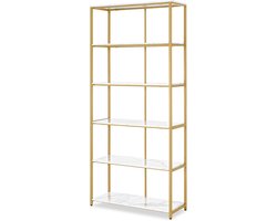 BarberPub gouden boekenrek, staande kast met 5 planken, bureau met metalen frame, geschikt voor kantoor, woonkamer, slaapkamer, keuken, nagelsalon, 5166 (Wit-goud)