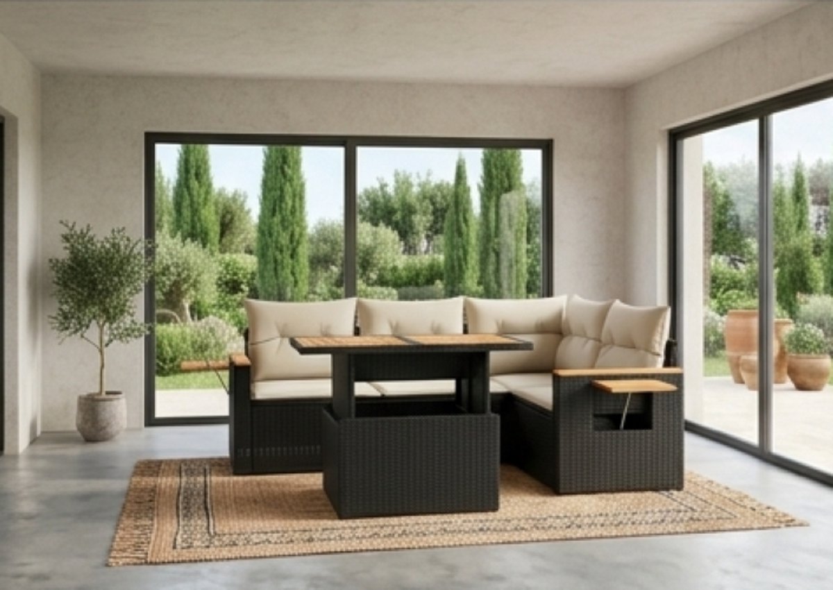 Luxe 5-delige Polyrattan Loungeset met Verstelbare Tafel – Tuinset met Kussens & Inklapbare Bijzettafel – Weerbestendige Tuinmeubelen voor 4 Personen – Zwart/Crème IndustroHome