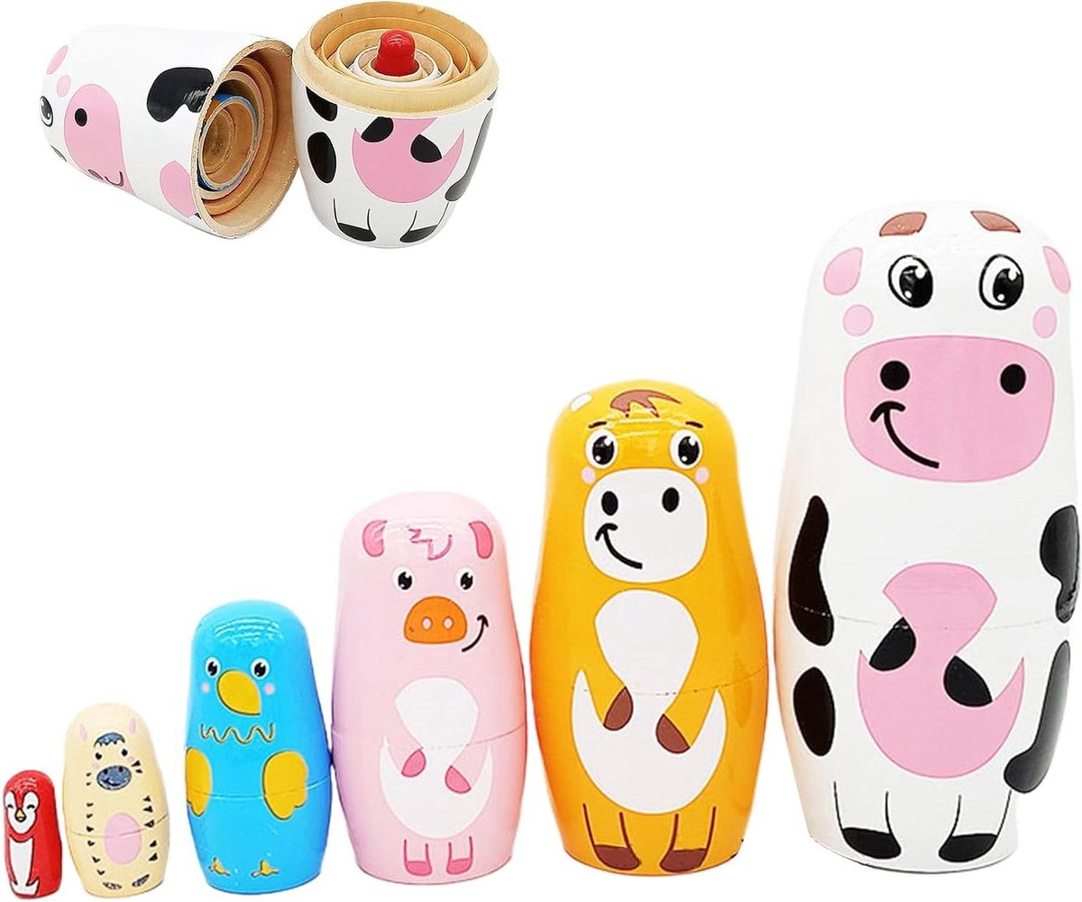 Nestende poppen - Matroesjka set - Decoratie en spel - Handbeschilderd hout - 6 lagen - Dierenprint