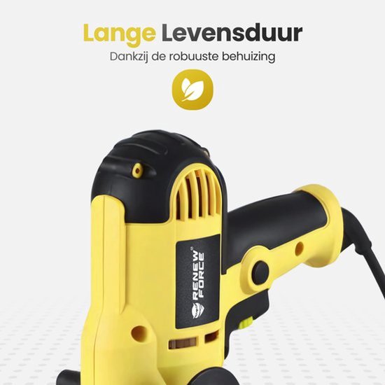 Close-up van de gele en zwarte polijstmachine met ventilatieopeningen en het logo 'Renew Force'.