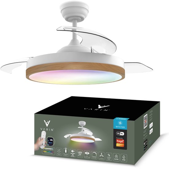 Varin® Smart Plafondventilator met LED verlichting RGBW - Wit/Lichthout - Tuya Wifi - Ø 50cm/108cm - Super stil - Smart lamp - Plafondlamp slaapkamer - Plafonniere woonkamer - Plafondlampen - Plafond lamp bamboe - Verlichting kinderkamer - Ventilator