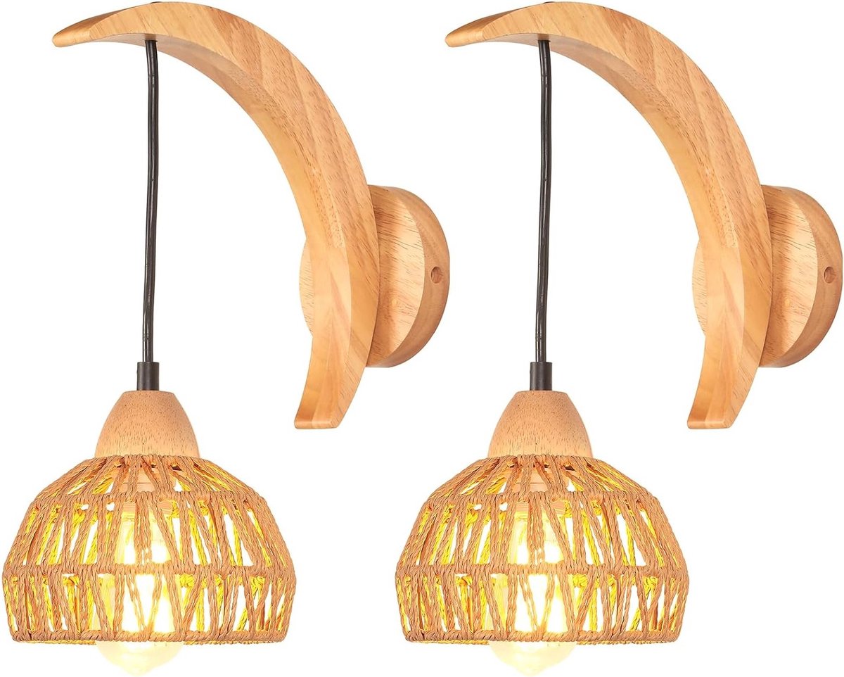 2 Stuks Wandlampen van Riet en Hout met Verstelbare E27 Fitting voor Vintage Sfeer in Slaa