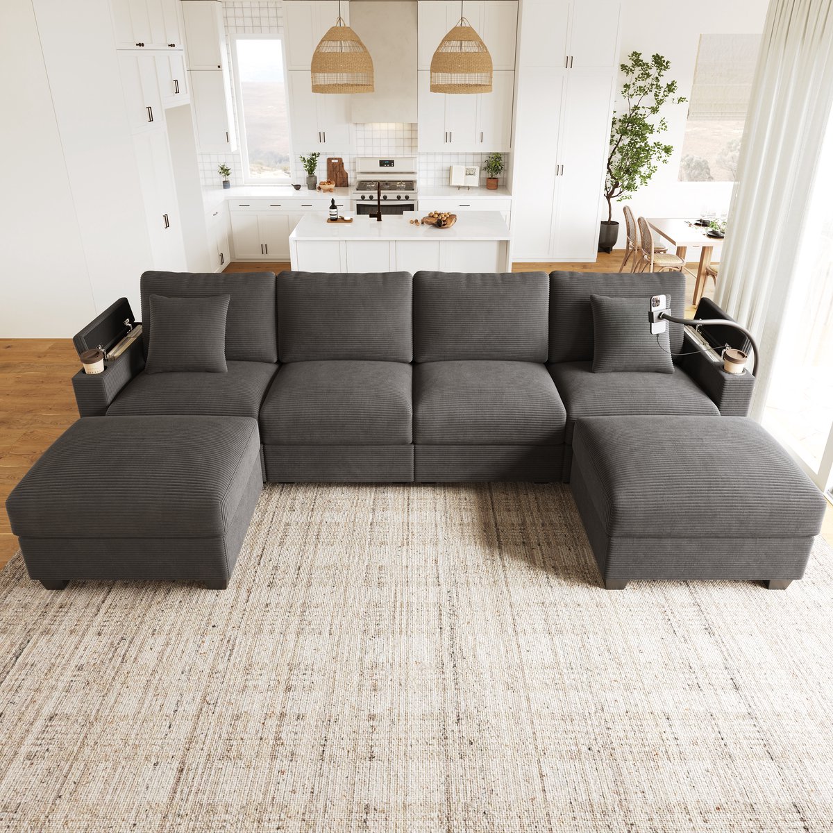 MODFU Hoekbank - Modulair Met Slaapfunctie En USB-Aansluiting - Modern - Voor Woonkamer - Ribstof - Grijs - 275,5 x 139 x 87 cm