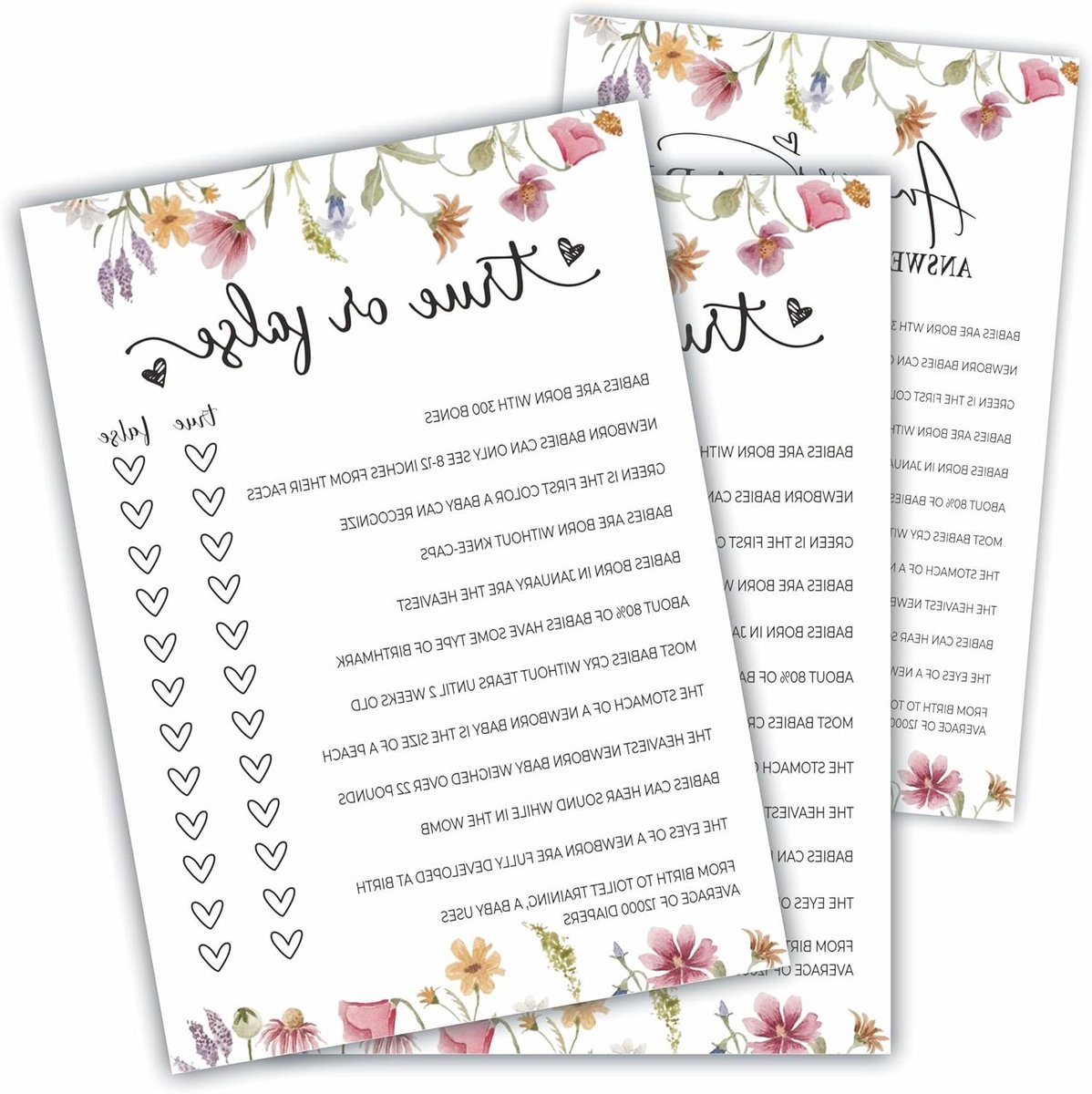 Babyshower Spel Kaarten - Bloemen Waar of Niet Waar - Feest Spellen - Bloemen Aquarel Ontwerp