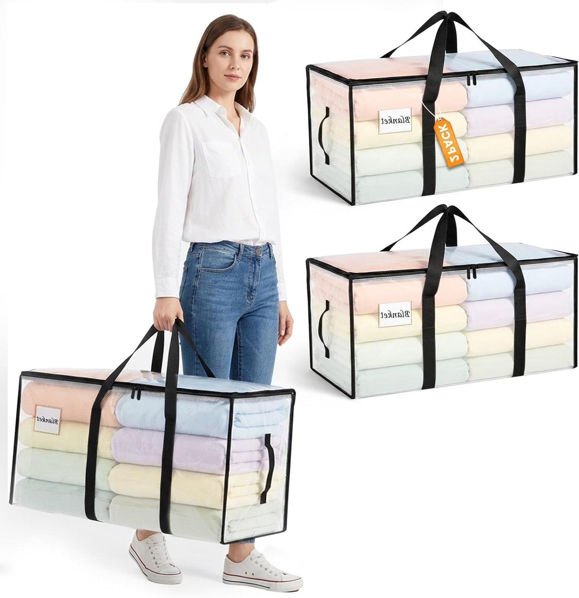 RICHER HOUSE 90L Heavy Duty verhuisdozen en kledingopbergzakken, 2 stuks grote verhuiszakken met deksel en rugzakriemen, waterdichte verpakkingszakken voor studentenhuis, camping, vakantiedecoratie