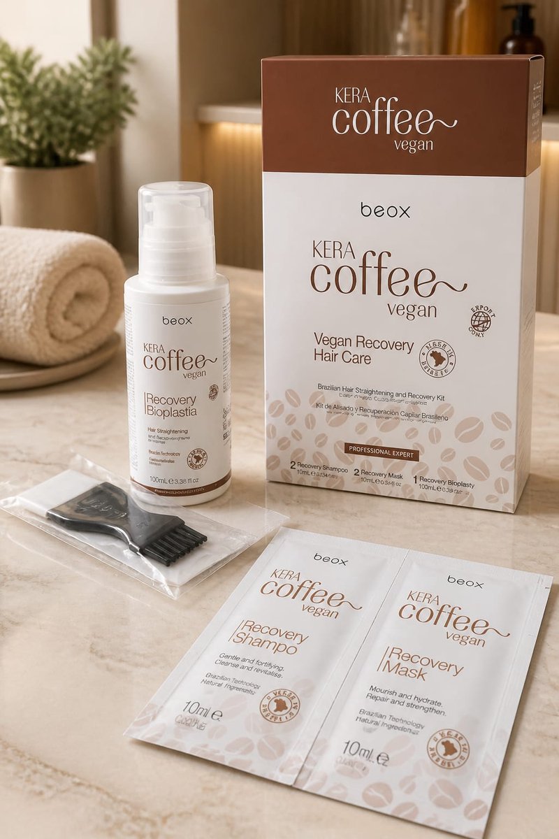 Beox KERA coffee Vegan Recovery Hair Care (1 Recovery Bioplasty 100mL ℮ 3,38 fl oz + 2 Recovery Shampoo 10mL ℮ 0,33 fl oz + 2 Recovery Mask 10mL ℮ 0,33 fl oz)