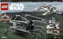 LEGO Star Wars 75348 set met Mandalorian Fang Fighter en TIE Interceptor, met rode laserstralen en minifiguren.