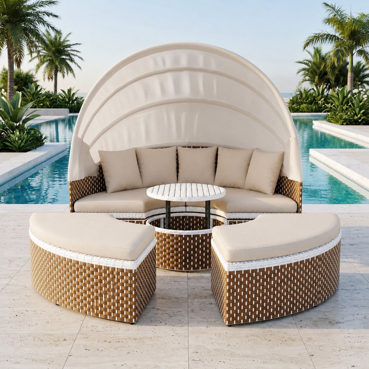 Polyrotan Luxe 2-Persoons Schelp Zonne-eiland Loungeset met Uittrekbare Luifel, Verstelbare Tafel & Waterafstotende Kussens – Rotan Tuin Daybed Lounge Bed Balkon Meubel Weerbestendig – Industrohome