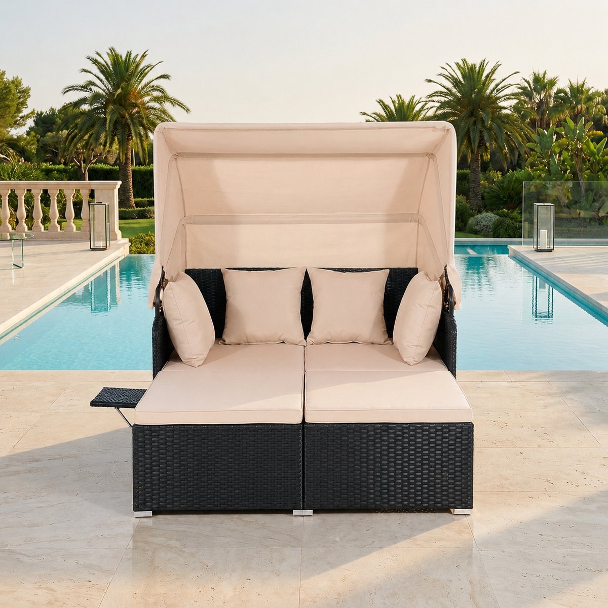 Luxe Dubbele Rotan Zonne-eiland met Inklapbaar Dak en Theetafels – 2-persoons Tuin Ligbed met Kussens – Weerbestendig Lounge Bed voor Tuin, Terras en Balkon (Geelachtig) Industrohome
