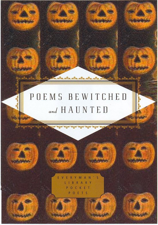 Boekomslag met op de achtergrond rijen pompoenen met uitgesneden gezichten, getiteld 'Poems Bewitched and Haunted'.