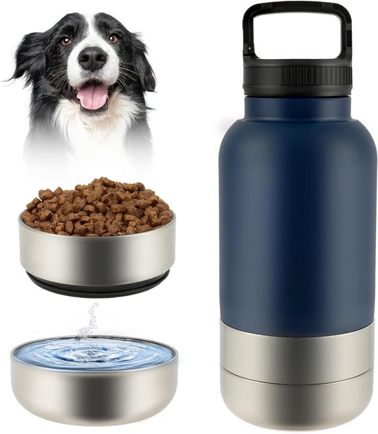 Bouteille bleu foncé à fond argenté à côté d'un Border Collie, d'une gamelle pour nourriture et d'une gamelle pour eau avec éclaboussures.