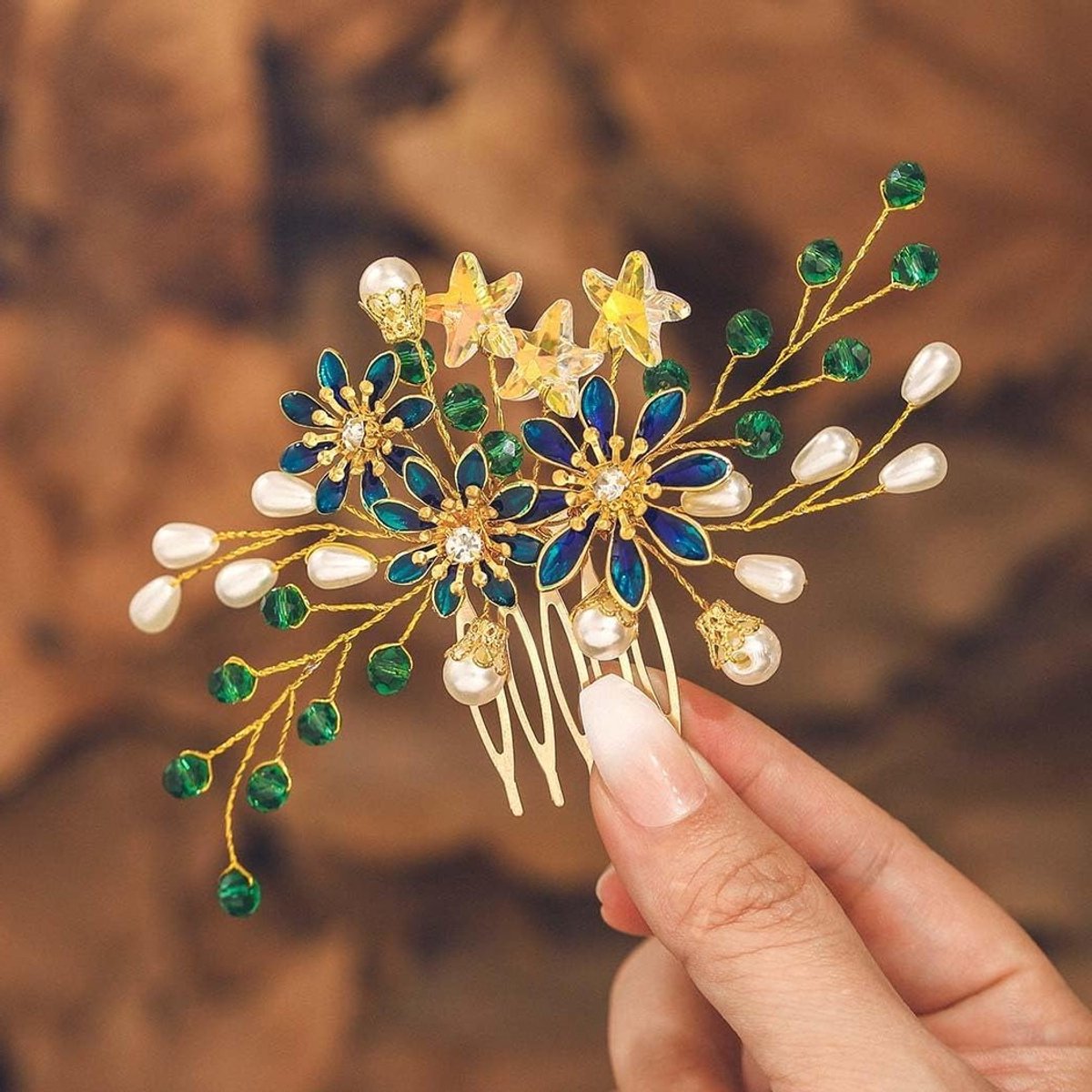 Elegante Bruidshaarkam Groen met Bloemen, Parels en Kristallen - Bruiloft Haaraccessoire