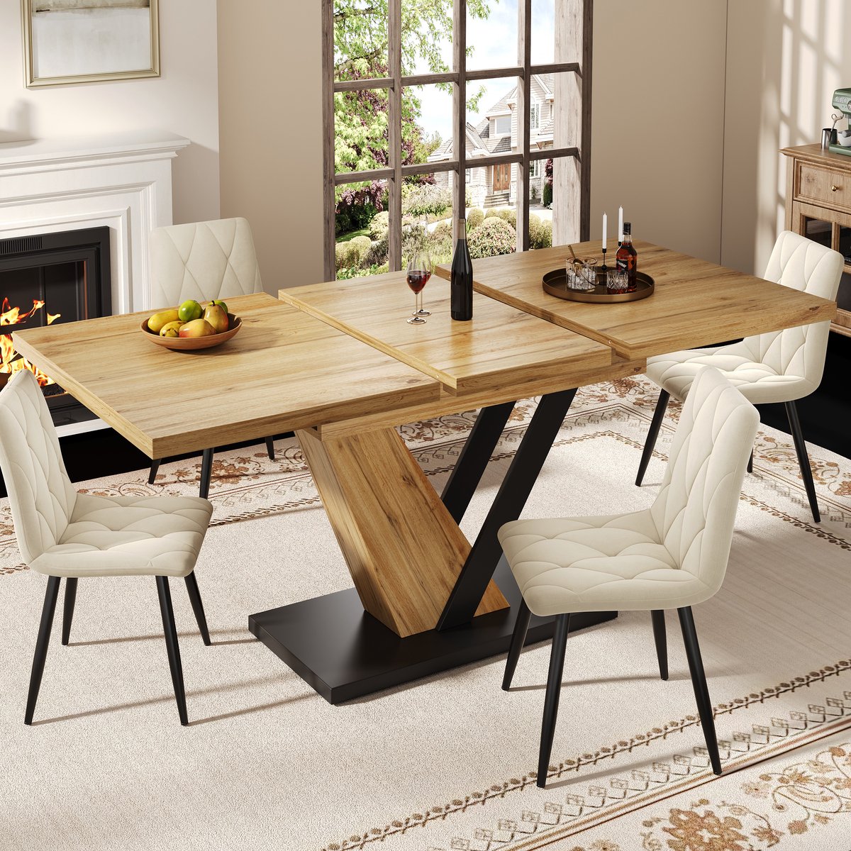 Uitschuifbare Eettafel 120(160) x 75 x 75,5 cm, Tafel, Keukentafel, Uitschuifbare Tafel, Uitschuifbaar tot 160 cm, Geschikt voor Keuken en Woonkamer, Tafelblad met Houtnerf (Alleen een tafel)