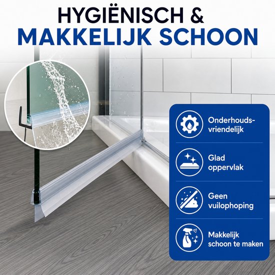 Hygiënische en makkelijk schoon te maken douchedeurafdichting. Glad oppervlak, geen vuilophoping.