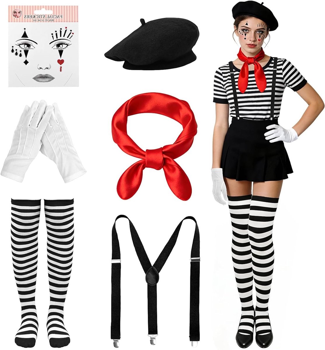 Carnaval Pantomime Kostuum voor Vrouwen - Set van 6 Accessoires met Hoed, Sjaal, Handschoenen en Gezichtsmasker voor Carnaval en Halloween Feesten