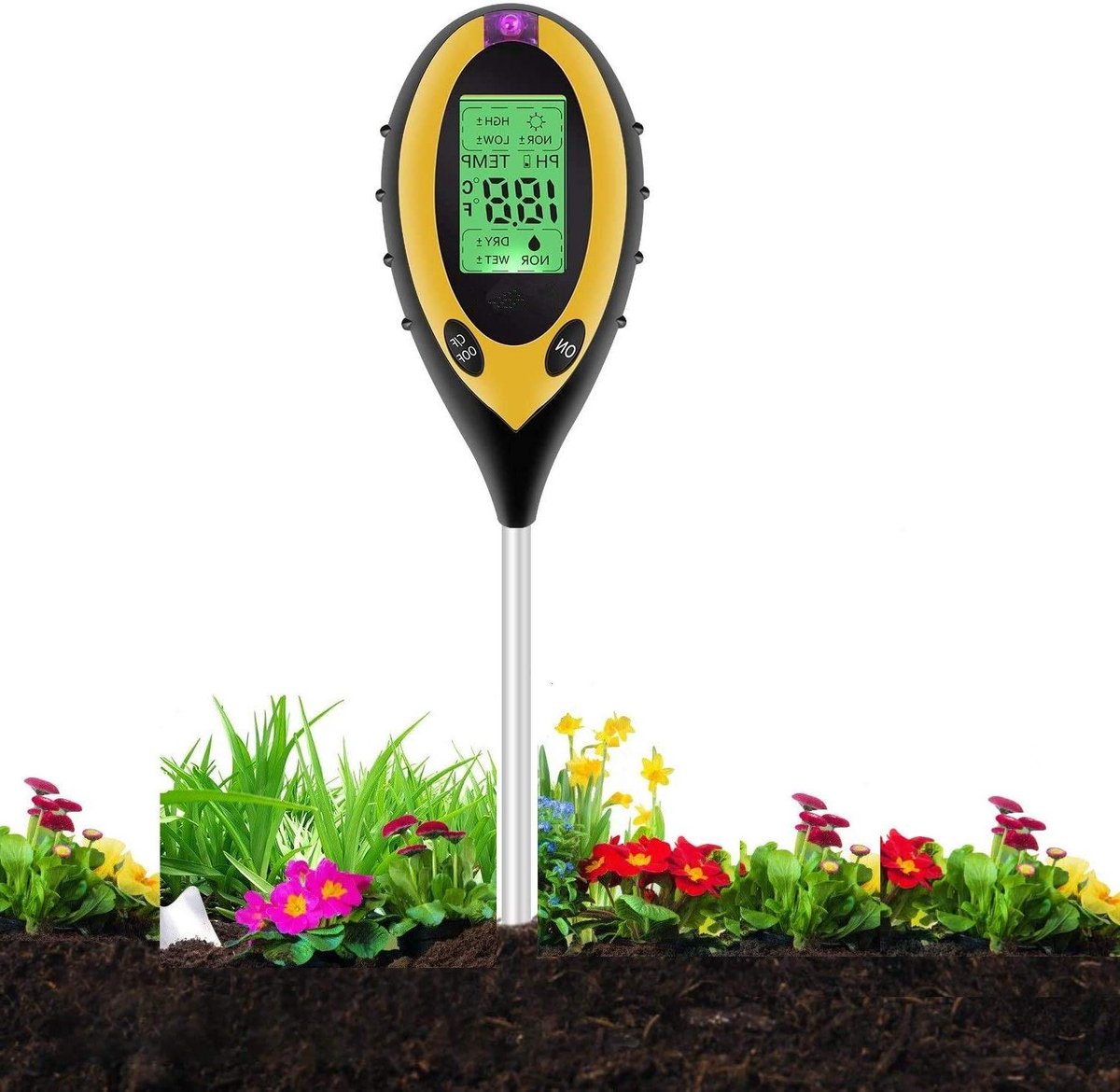 Digitale Bodemtester - Vochtigheidsmeter pH - Plantenverzorging Buiten - 4-in-1 Metingen - 200 mm Sensor - Grijs