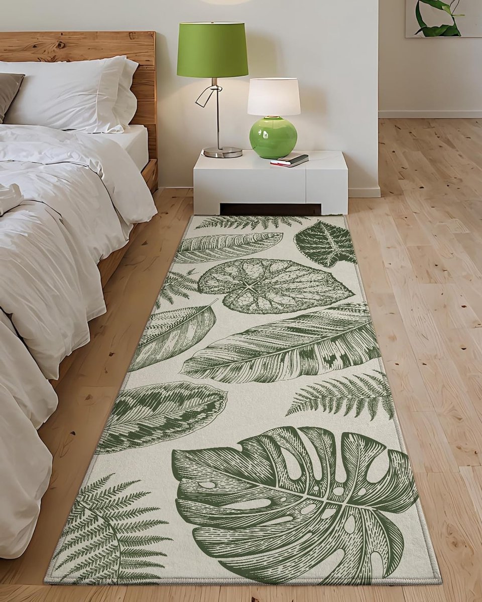 Bedside Tapijt 60x180cm Wasbaar Laag Stapel Antislip Loper met Plantenmotief voor Slaapkamer en Woonkamer, Comfortabele Corridor Runner met Natuurlijke Bladeren