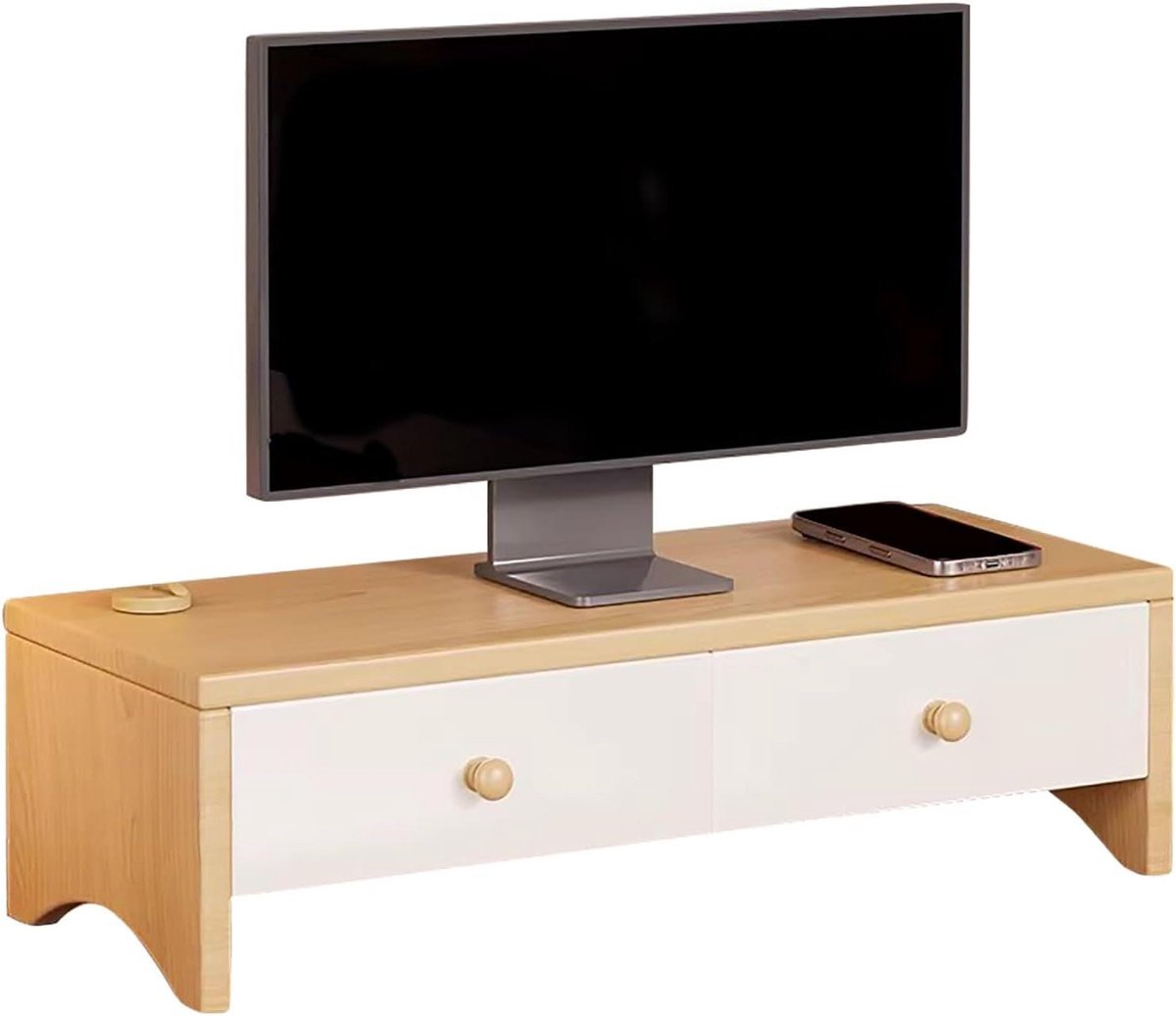 Desktop Organizer Plank, Computerstand Met Dubbele Lade, Monitor Verhoger Met Handgreep, Voor Thuis Kantoor Werkplek(Natural)