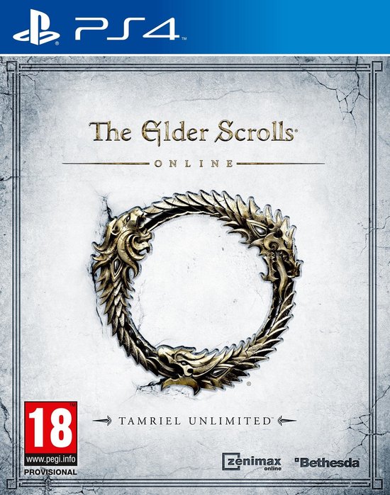 PlayStation 4 gamehoes voor The Elder Scrolls Online Tamriel Unlimited met gouden ouroboros symbool op een stenen achtergrond.