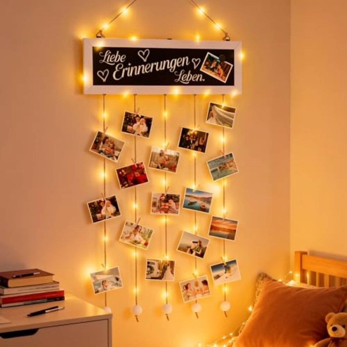 PromoHome Fotogordijn met 30 houten klemmen, fotowand, doe-het-zelf fotoslinger, collage met 5 henneptouwen, 3 magneten, voor decoratie - 90 x 40 cm
